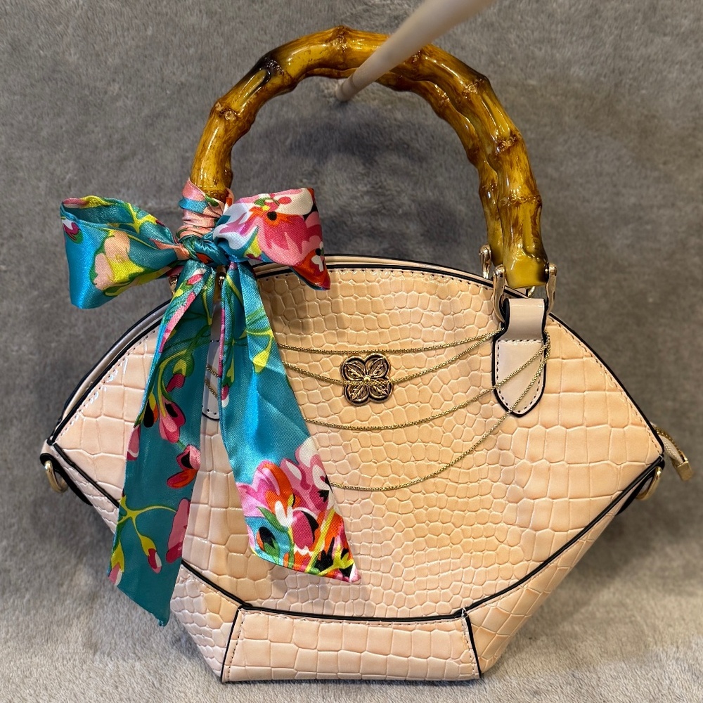 Chic Croc-Embossed Handbag with Bamboo Handle & Floral Scarf Accent 🌸👜
